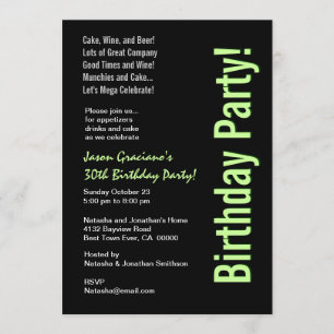 Modern 30th Birthday Black White Lime Green W1820 Invitation