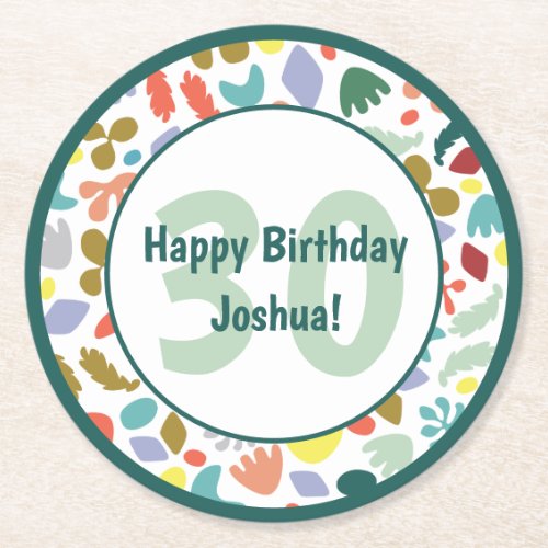 Modern 30th Birthday Custom Name Round Paper Coaster