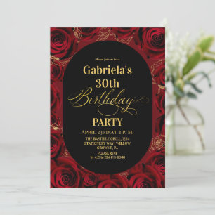  Modern 30th Birthday Elegant Black Red Floral Invitation