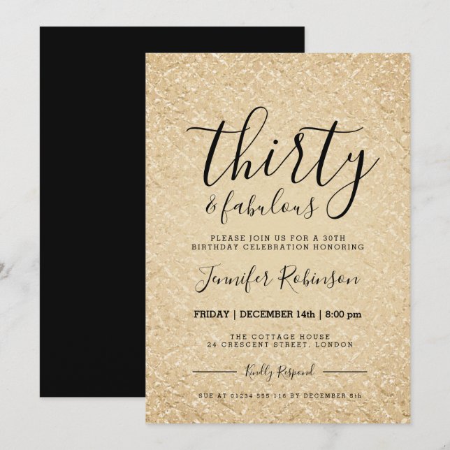 Modern 30th Birthday Gold Glitter Glam Invitation (Front/Back)