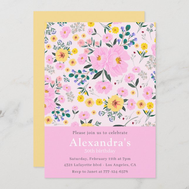 Modern 30th birthday invitations Boho Floral Chic (Front/Back)