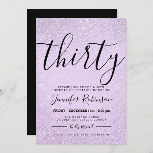 Modern 30th Birthday Lavender Glitter Paint Invitation