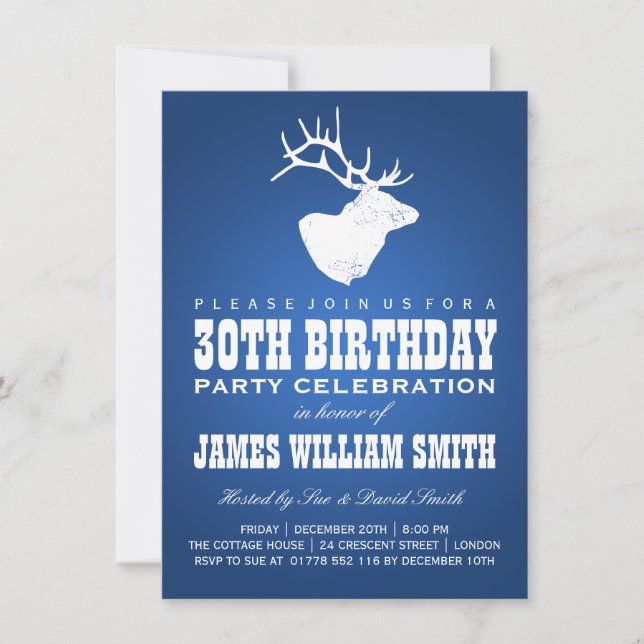 Modern 30th Birthday Party Deer Blue Invitation (Front)