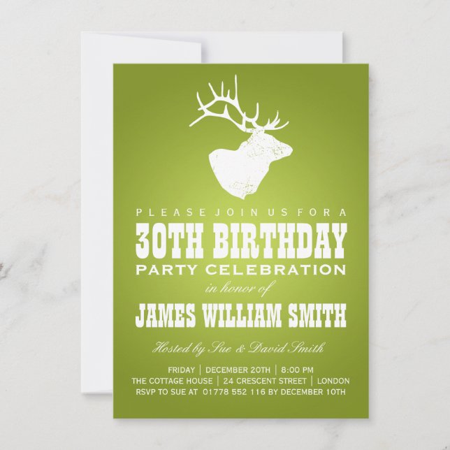 Modern 30th Birthday Party Deer Lime Green Invitation (Front)
