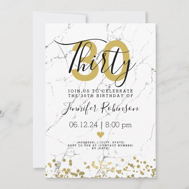 Modern 30th Birthday Party Gold Marble Invitation (Front)