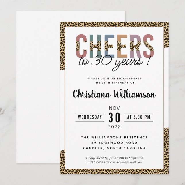 Modern 30th Birthday Party Leopard Print Elegant Invitation (Front/Back)