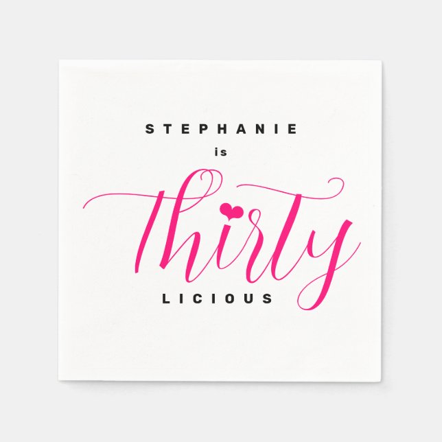 Modern 30th Birthday Party Thirtylicious Pink Text Napkins (Front)