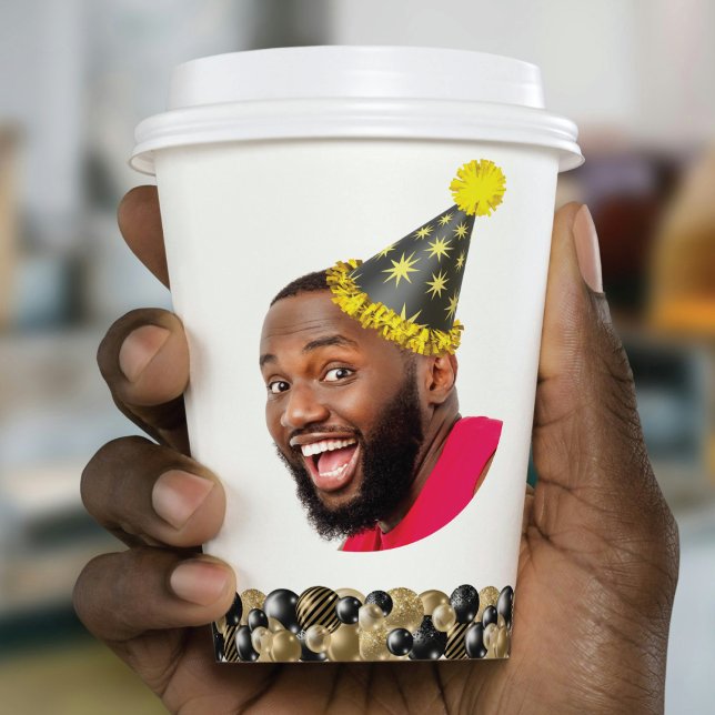 Modern 30th Birthday Photo Black Gold  Paper Cups (Creator Uploaded)