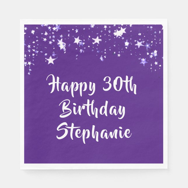 Modern 30th Birthday Purple Brush Script Stars Napkins (Front)