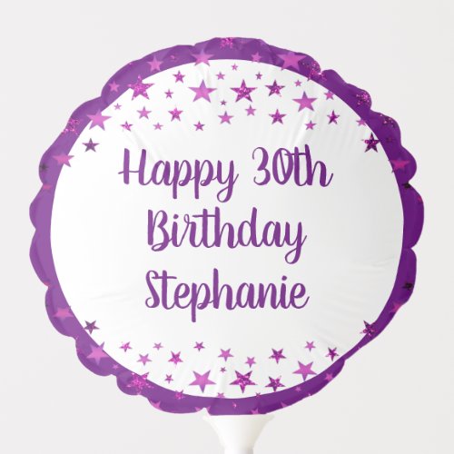 Modern 30th Birthday Purple Stars Your Text Balloon - Customize and personalize this purple glitter stars theme balloon template to make your own. Celebrate a 30th birthday (or any occasion or event) with your personal message (the sample suggests HAPPY 30TH BIRTHDAY NAME). CHANGES:  All text is editable and you can change the font style, size, color and placement by clicking CUSTOMIZE FURTHER. Adds a special touch to a gift or makes great centerpieces for a party or special event.  Contact the designer via Zazzle Chat or makeitaboutyoustore@gmail.com if you'd like this design modified, on another product or would like coordinating items.