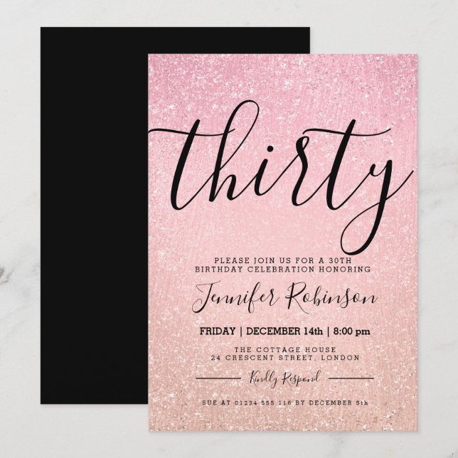 Modern 30th Birthday Rose Pink Glitter Paint Invitation (Front/Back)