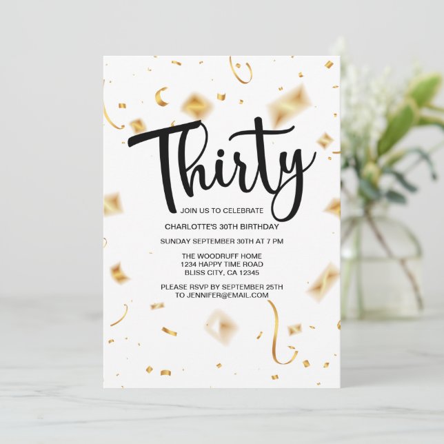 Modern 30th Birthday White Black | Gold Birthday Invitation (Standing Front)