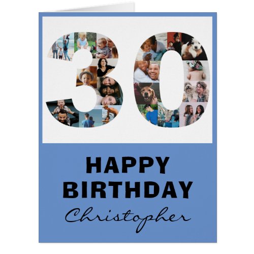 Modern 30th Happy Birthday Photo Collage Blue