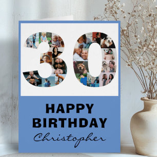 Modern 30th Happy Birthday Photo Collage Blue Cards