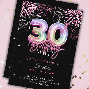 Modern 30th Pink Foil Balloon Fireworks Birthday Invitation