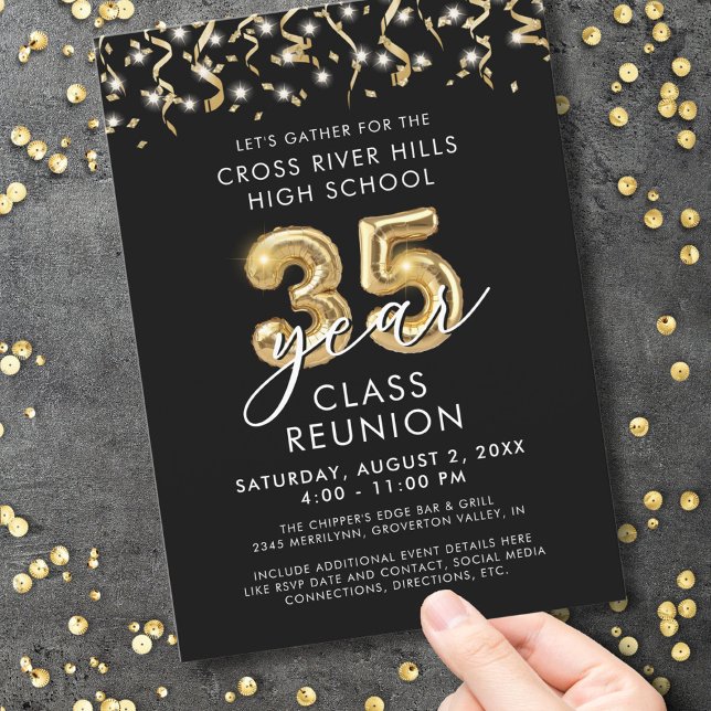 Modern 35 Year Class Reunion Black Gold Streamers Invitation (Creator Uploaded)