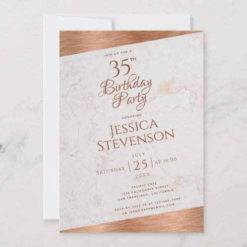Modern 35th Birthday Marble Copper Oblique Script Invitation