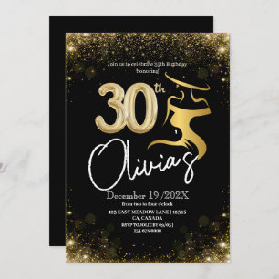 Modern 35th Birthday Party Black Gold Dress Shine Invitation
