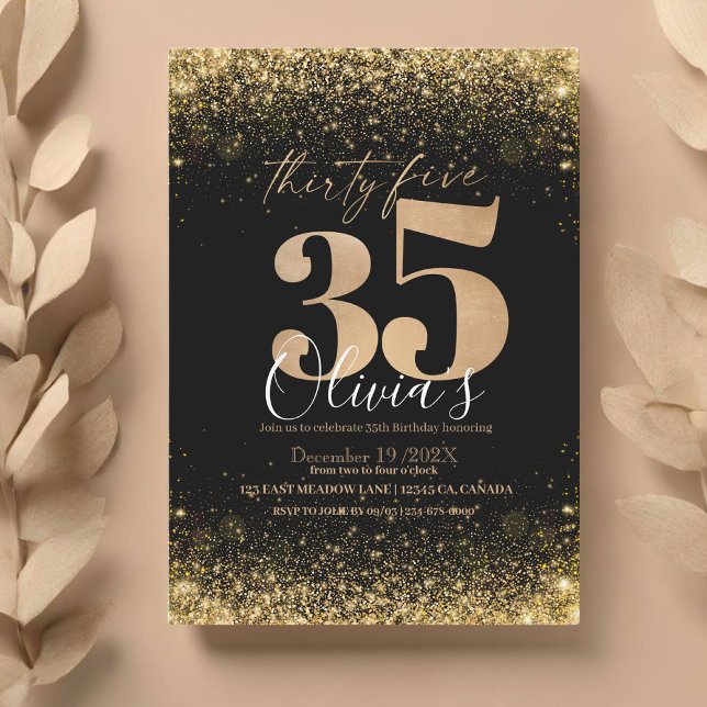 Modern 35th Birthday Party Black Gold Glitter Invitation (Creator Uploaded)