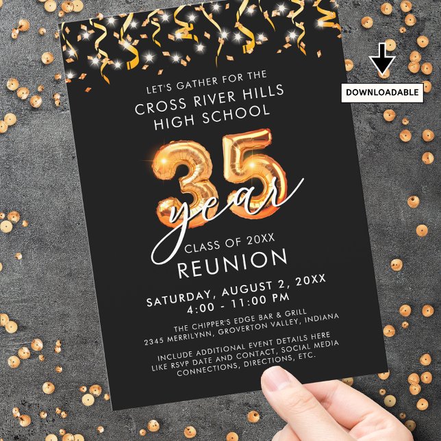 Modern 35th Class Reunion Black Orange Streamers Invitation (Creator Uploaded)