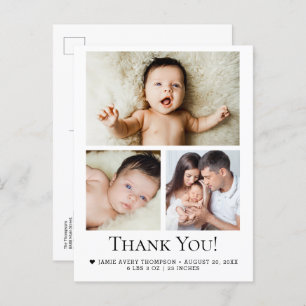 Modern 3 Baby Photo Birth Stats Thank you  Postcard