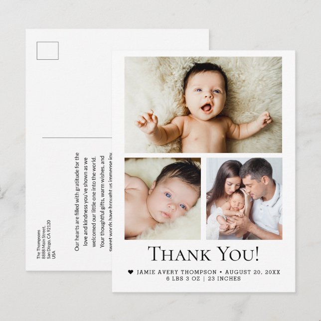 Modern 3 Baby Photo Birth Stats Thank you  Postcard (Front/Back)