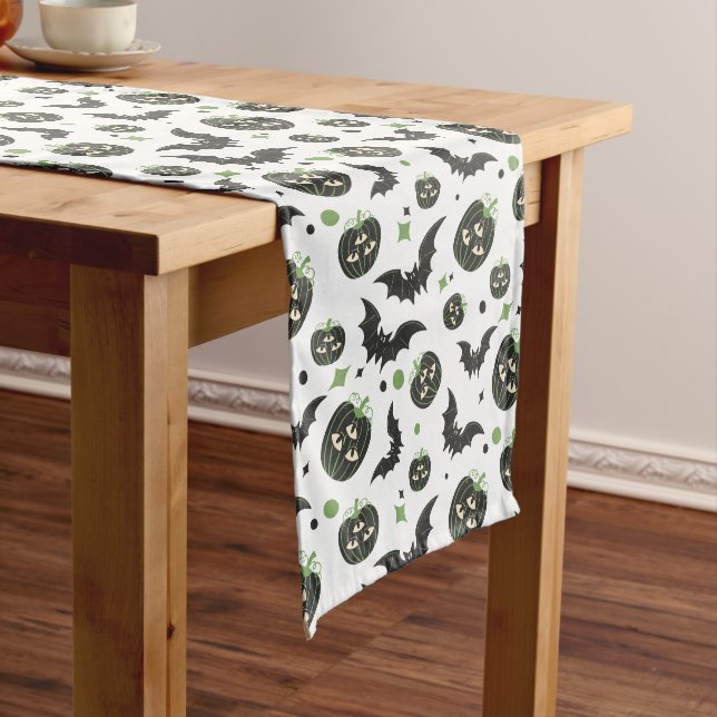 Modern 3 Eyed Pumpkin And Bats Pattern Halloween  Long Table Runner (In Situ)