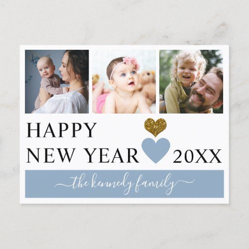 Modern 3 Family Photo Collage Happy New Year 2022 Holiday Postcard