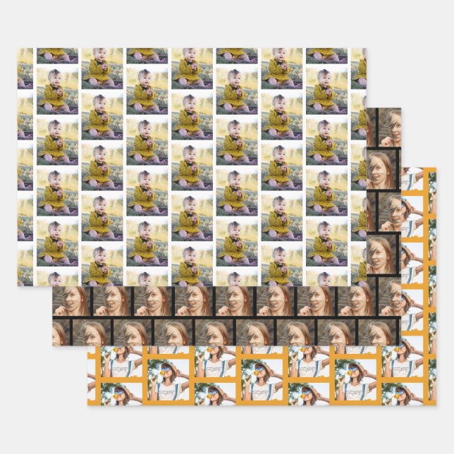 Modern 3 Family Photos Collage Pattern Christmas Wrapping Paper Sheets (Set)