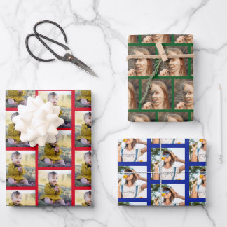 Modern 3 Family Photos Collage Pattern Christmas Wrapping Paper Sheets