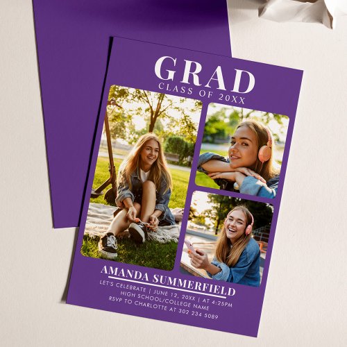 Modern 3 Graduate Photos Purple Graduation Party Invitation