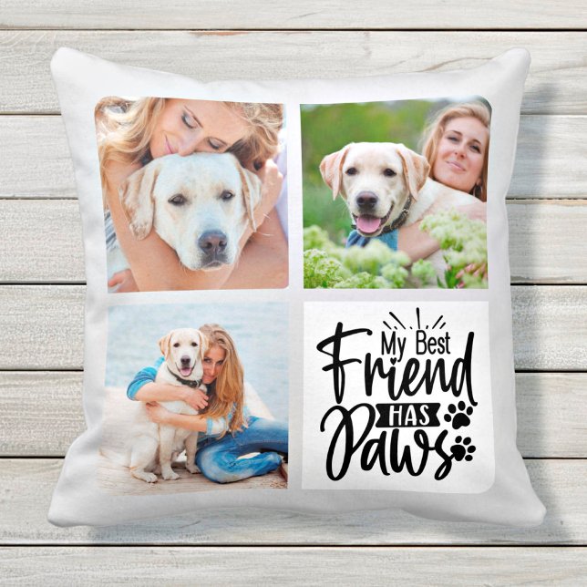 Modern 3 Pet Photo Best Friend Has Paws Dog Lover Throw Pillow (Creator Uploaded)