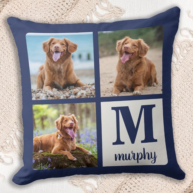 Modern 3 Pet Photo Monogram Dog Lover Throw Pillow (Creator Uploaded)