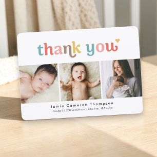Modern 3 Photo Baby Shower Colorful typography Thank You Card