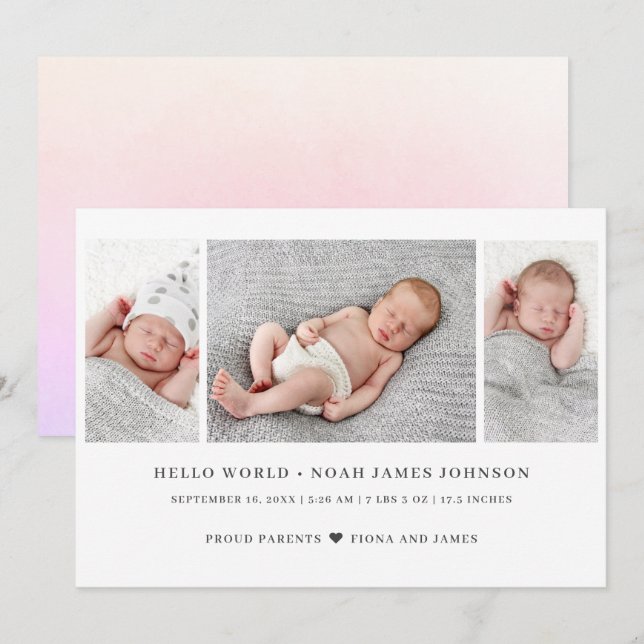 Modern 3 Photo Birth Announcement (Front/Back)