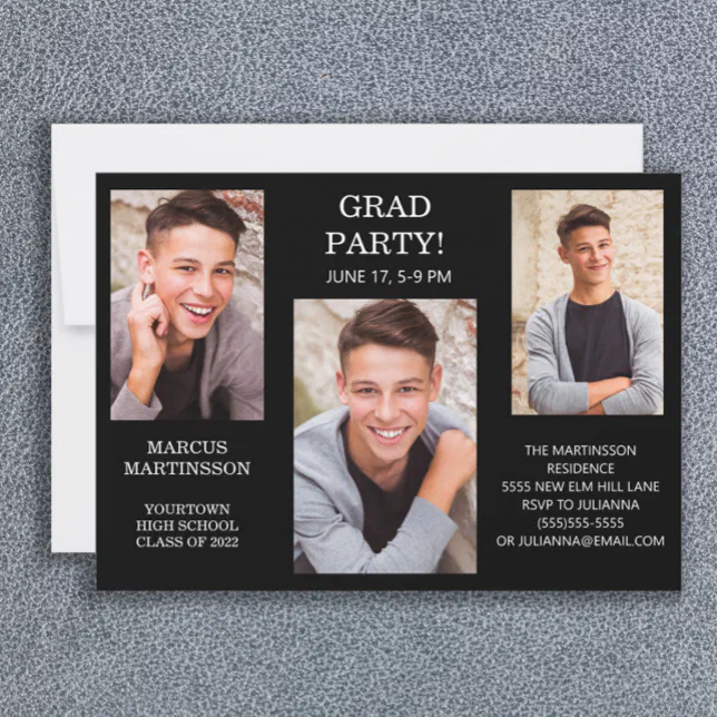 Modern 3 Photo Black (Editable Color) Graduation Invitation | Zazzle