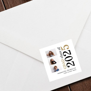 Modern 3 photo Black Gold Text 2025 Graduation Square Sticker
