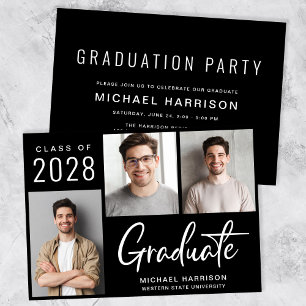 Modern 3 Photo Black Graduation Party Invitation