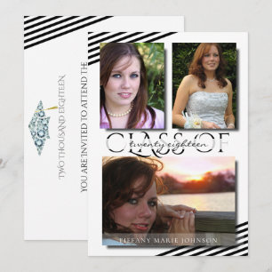 Modern 3 Photo  Black Stripes Graduation Party Invitation