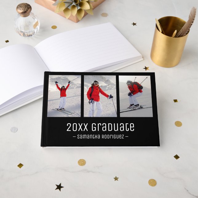 Modern 3 Photo Black White Pattern Graduation Guest Book (Front Open)