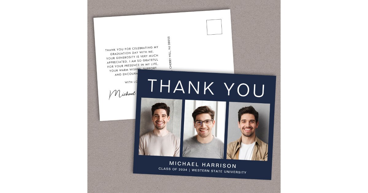 Modern 3 Photo Blue Graduation Thank You Postcard | Zazzle
