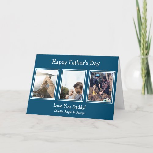 Modern 3 Photo Blue Happy Fathers Day Holiday Card