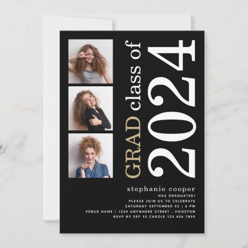 Modern 3 photo Bold 2024 Black Graduation Invitation