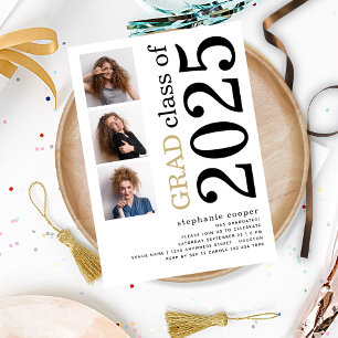 Modern 3 photo Bold 2025 White Graduation Invitation