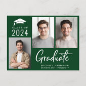 Modern 3 Photo Bold Script Green Graduation Announcement Postcard (Front)