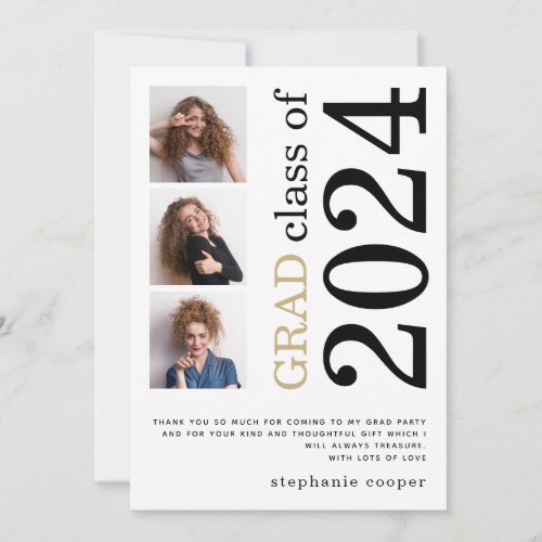 Modern 3 photo Bold Text 2024 White Graduation Thank You Card