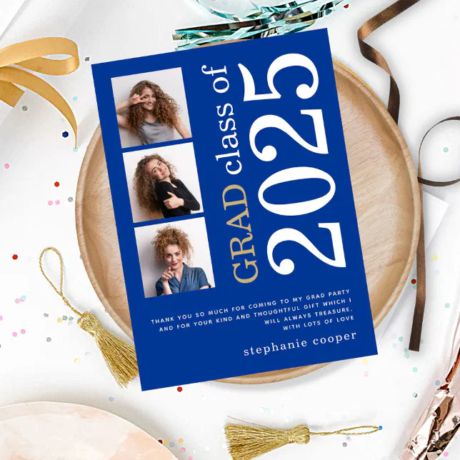 Modern 3 photo Bold Text 2025 Blue Graduation Thank You Card | Zazzle