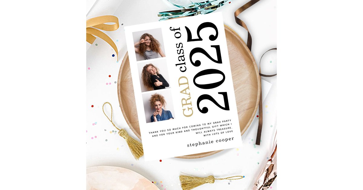 Modern 3 photo Bold Text 2025 White Graduation Thank You Card | Zazzle