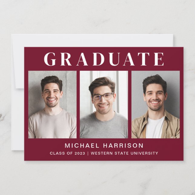 Modern 3 Photo Burgundy Graduation Announcement (Front)