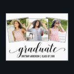 Modern 3 Photo Calligraphy Graduation Party Invitation Postcard<br><div class="desc">Modern 3 Photo Graduation Party Invitation - Calligraphy Script</div>